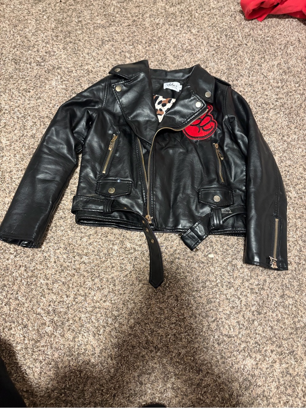 Lola and the Boys girls leather jacket with patches.